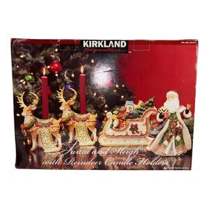 NEW Kirkland Signature Ceramic Santa & Sleigh With 2 Reindeer Candle Holders